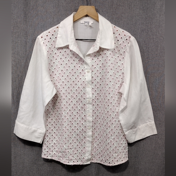 Poetic Tops - Poetic Eyelet Button Shirt Women's 12 White Pink Barbiecore Retro Casual Office